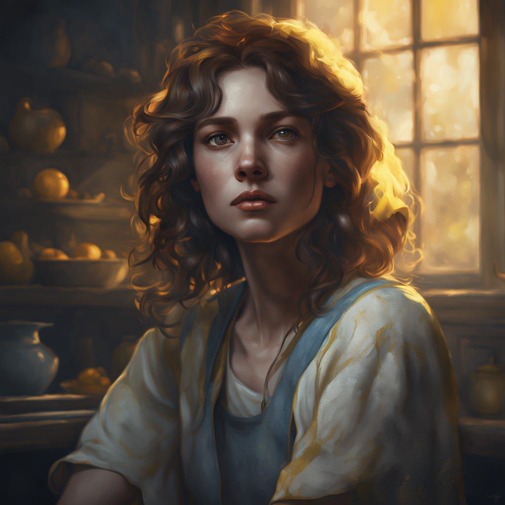 Vibrant Oil Portrait of a Stout Housewife in Sunlit Kitchen