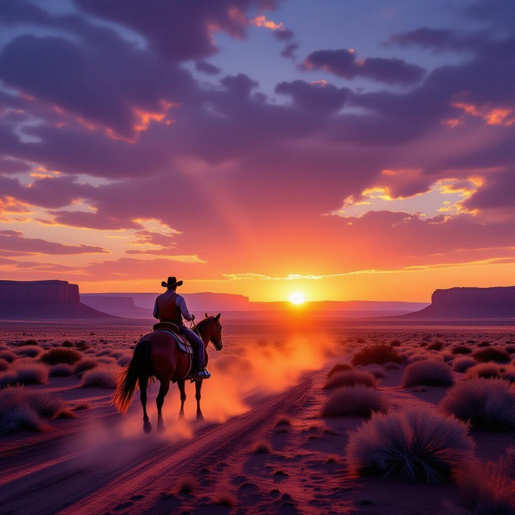 Lone Cowboy Rides Through Desert Sunset, Cinematic Realism