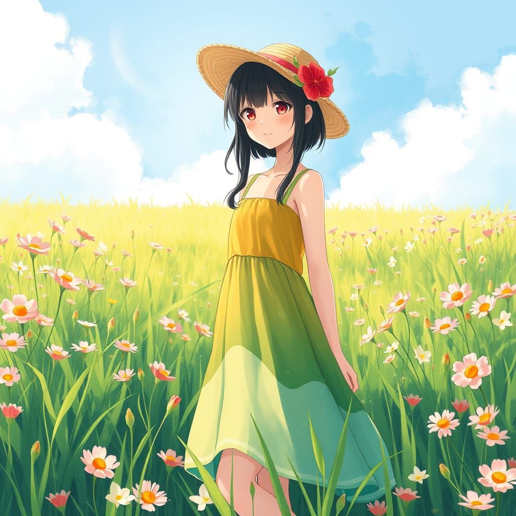 Summer Anime Girl in Whimsical Watercolor Style
