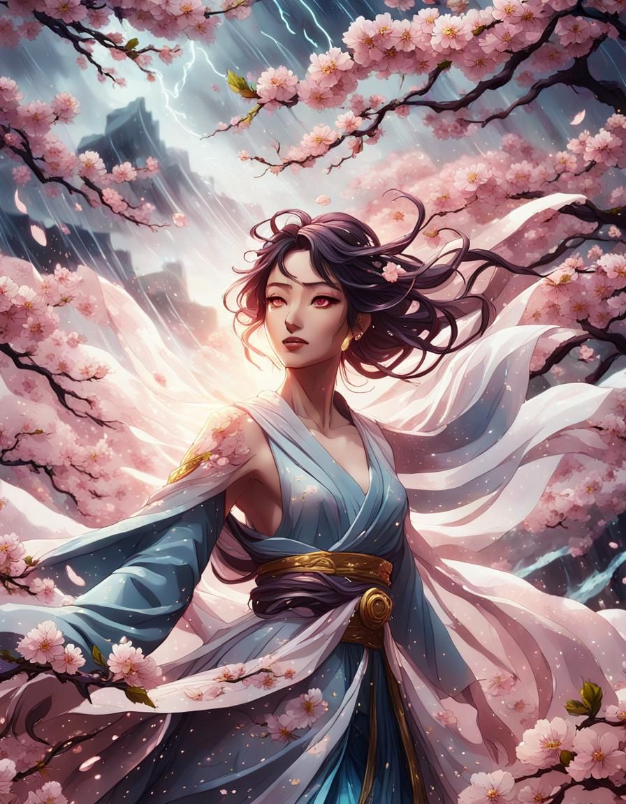 Anime Woman in Sakura Storm: Fantasy Concept Art