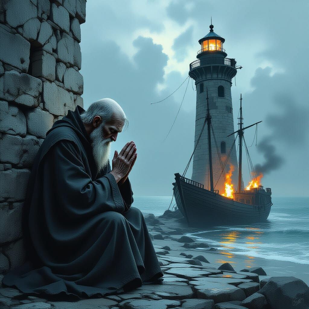 Elderly Abbot Prays on Lighthouse-Fortress Wall