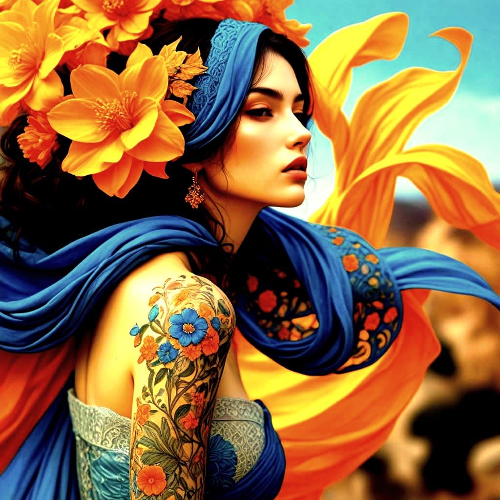 Elegant Woman in Art Nouveau-Inspired Tattooed Beauty