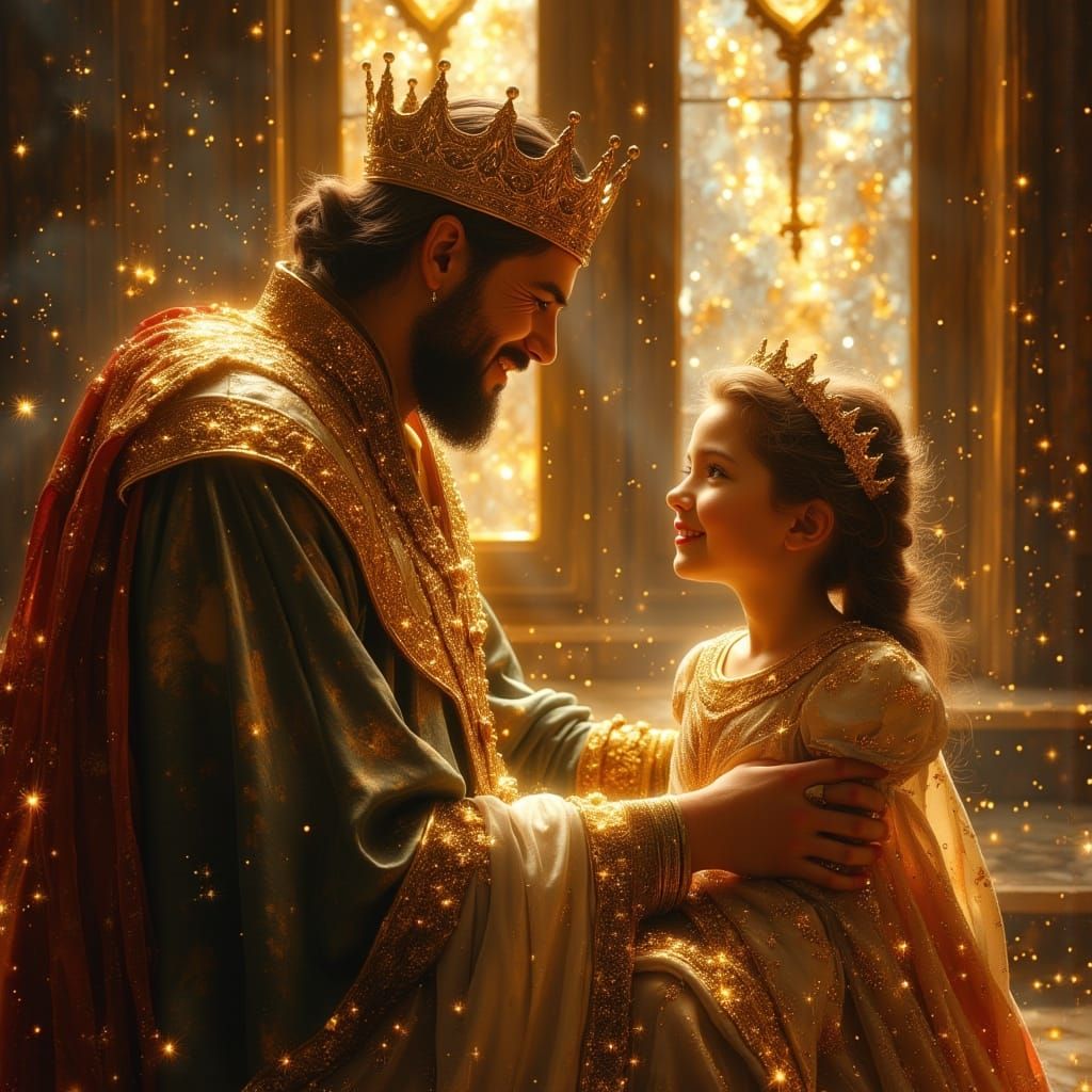 King and Daughter Embrace in Royal Throne Room