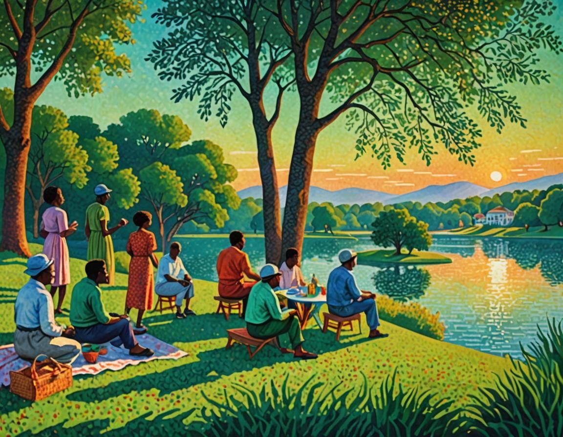Pointillist Lakeside Picnic at Sunset in Digital Style