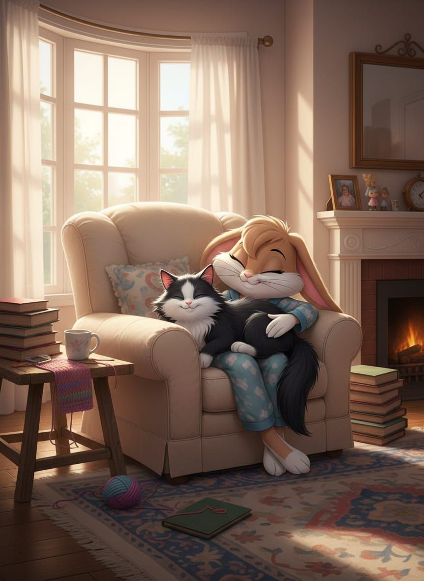 Lola Bunny and Black Cat Sleeping Peacefully