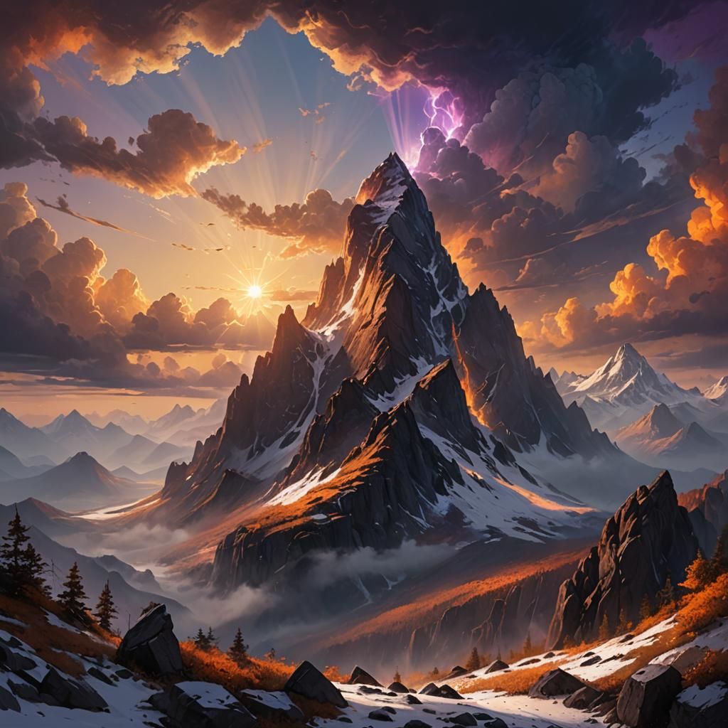 Fantasy Mountain Peak in Golden Light