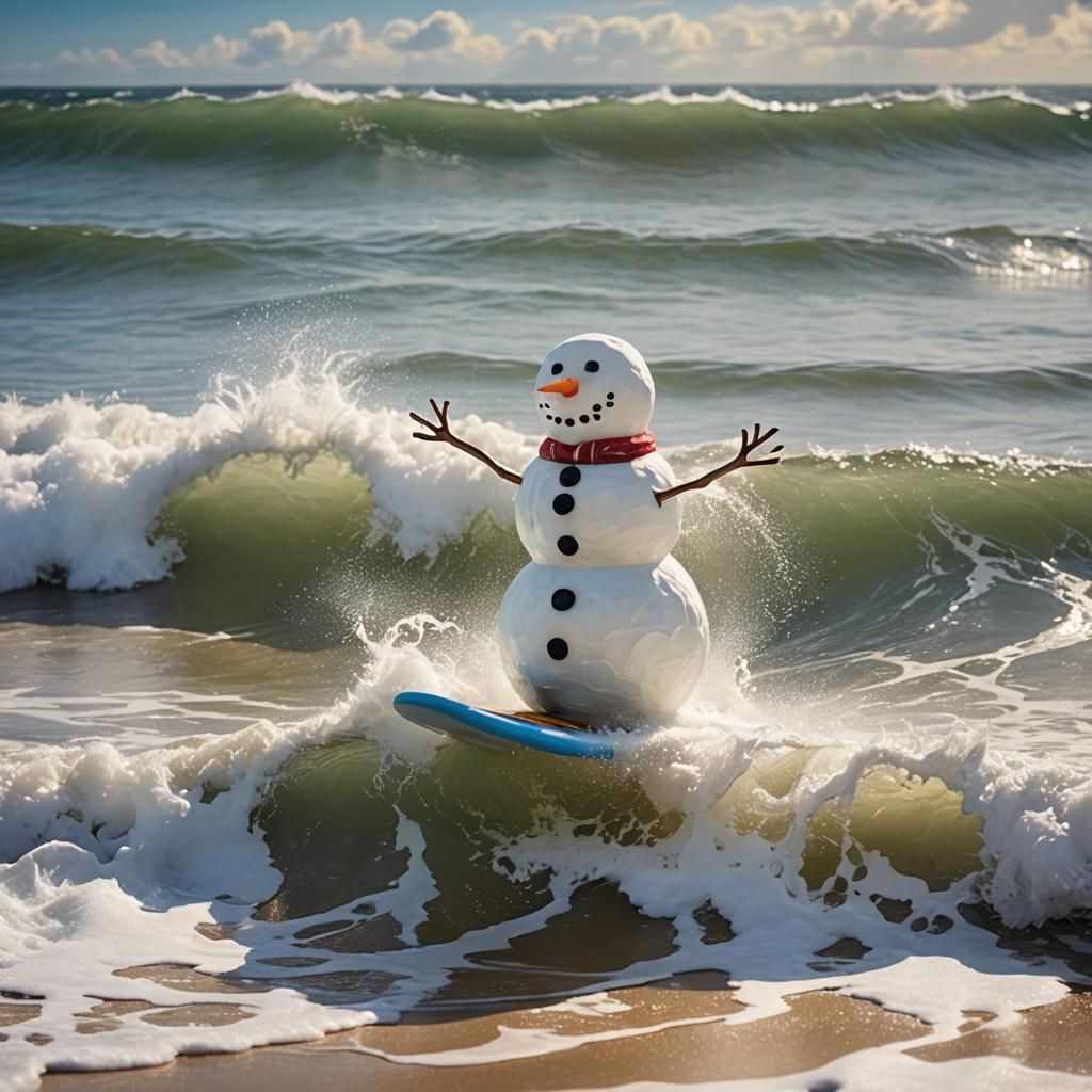 Snowman Surfing a Summer Wave in Sunshine