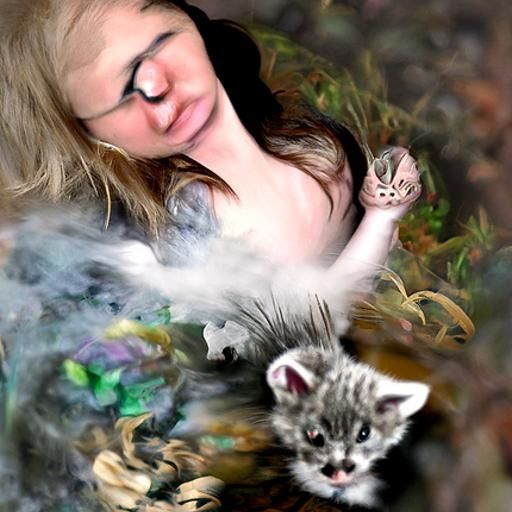 Woman with Kitten: Photorealistic Ethereal Fantasy