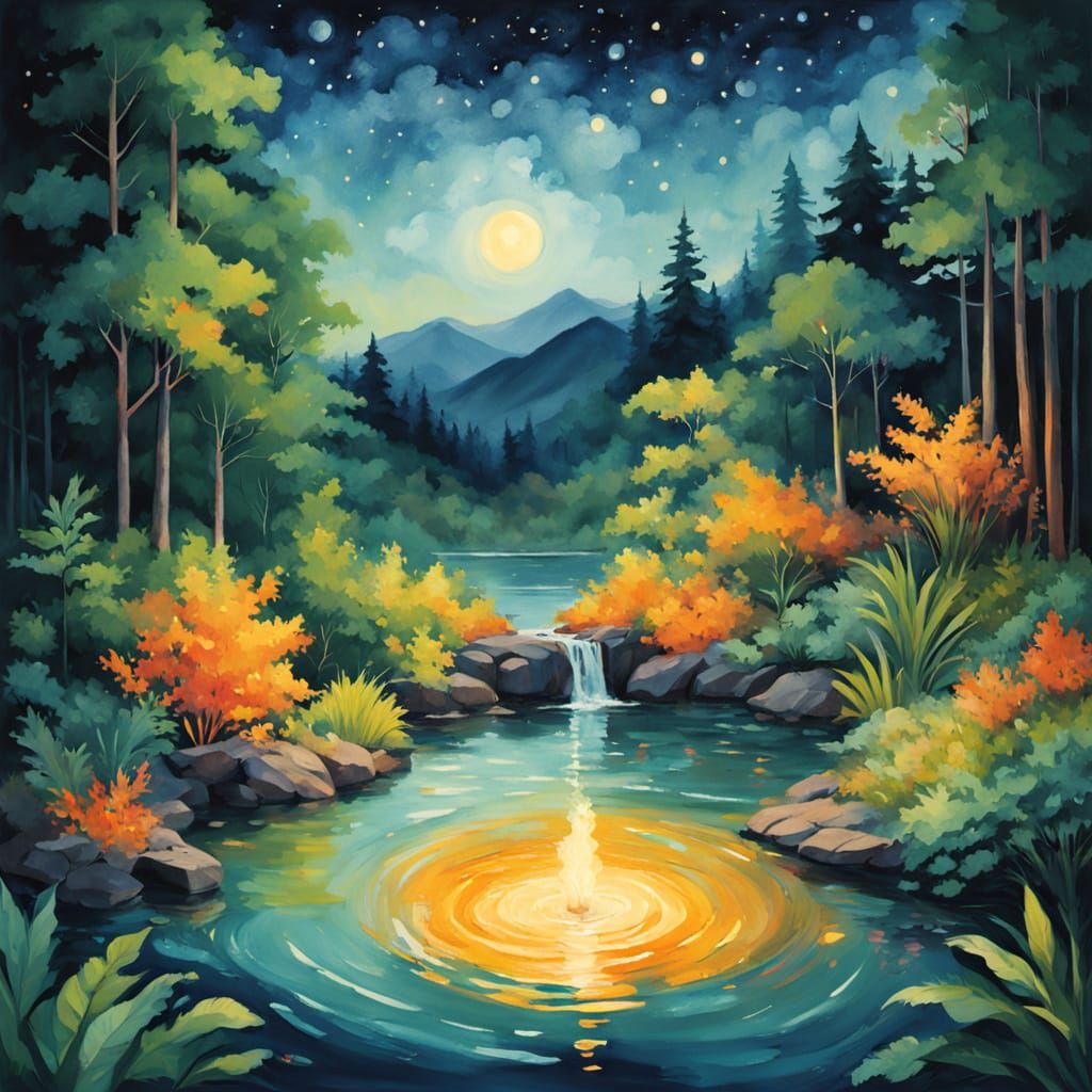 Gouache Painting of Serene Hot Springs Under Starry Canopy