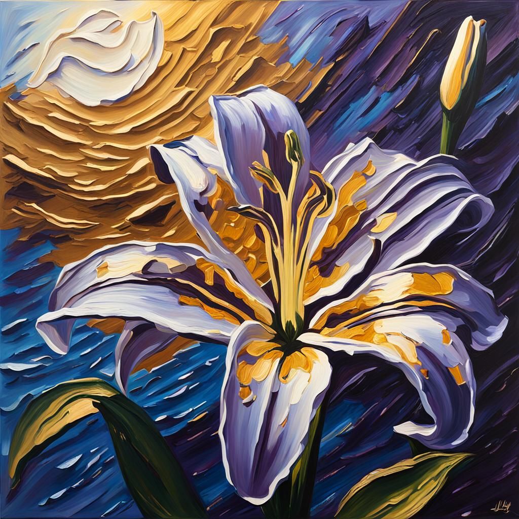 Purple Lily Impasto Painting in Golden Hour