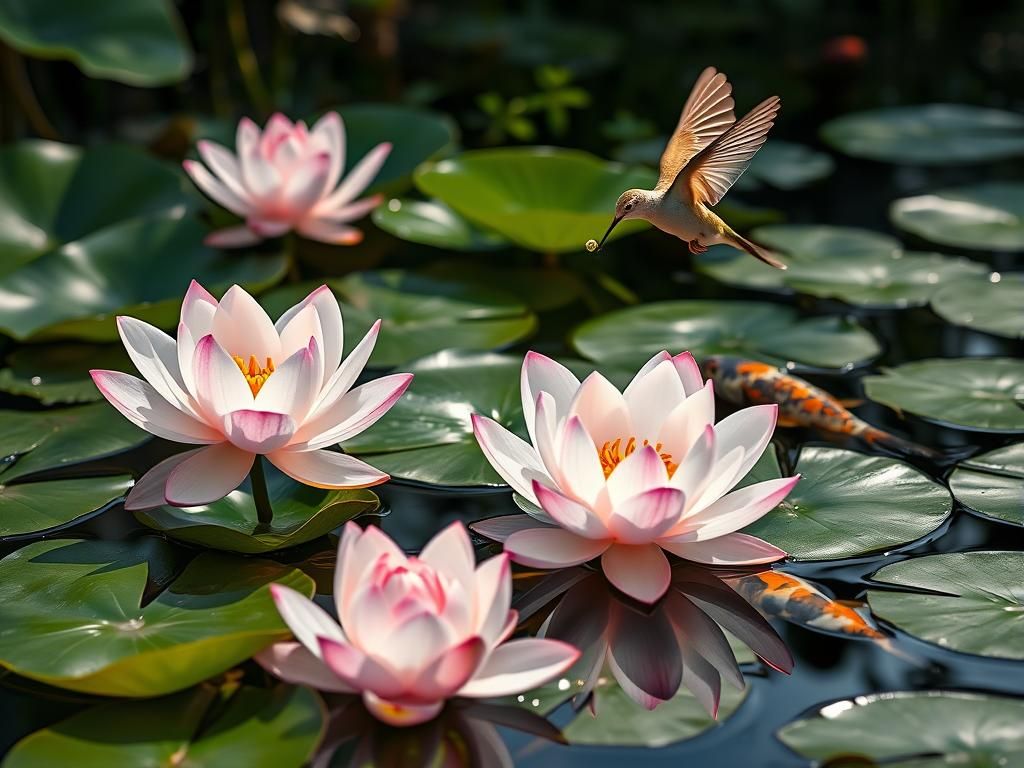 Hummingbird and Koi Amid Lotus Flowers