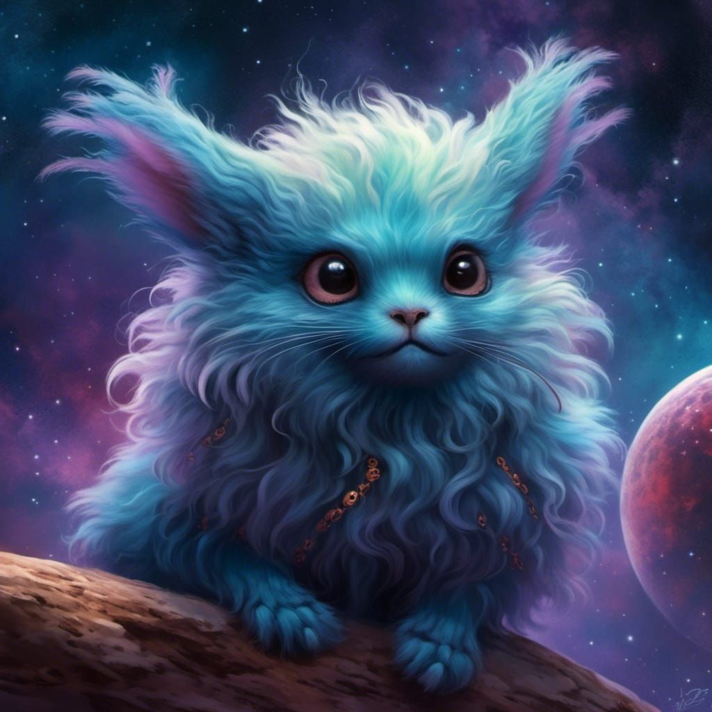 Fluffy Alien Creature in Nebula, Digital Art