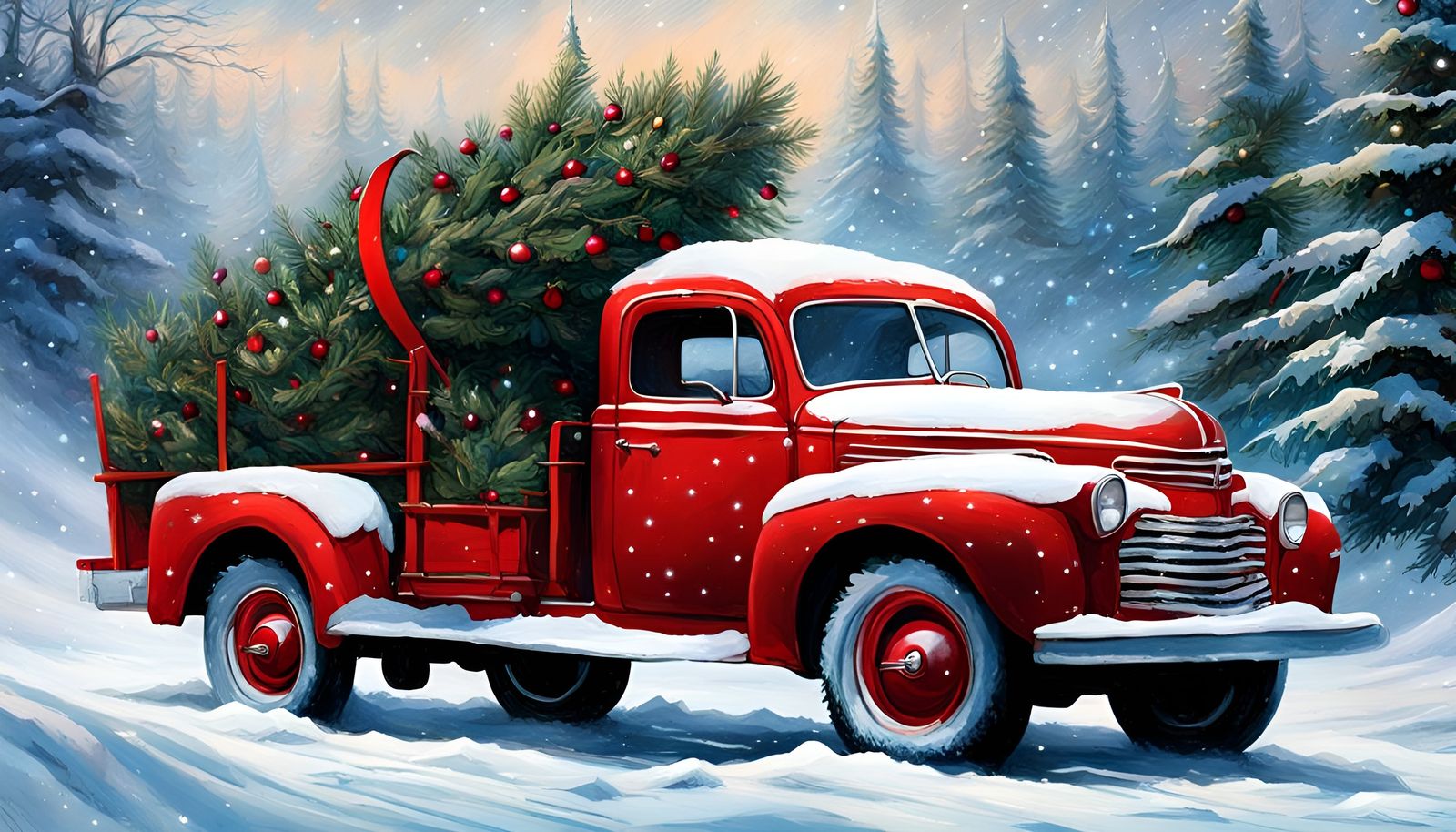 Vintage Red Truck Christmas Tree in Snow
