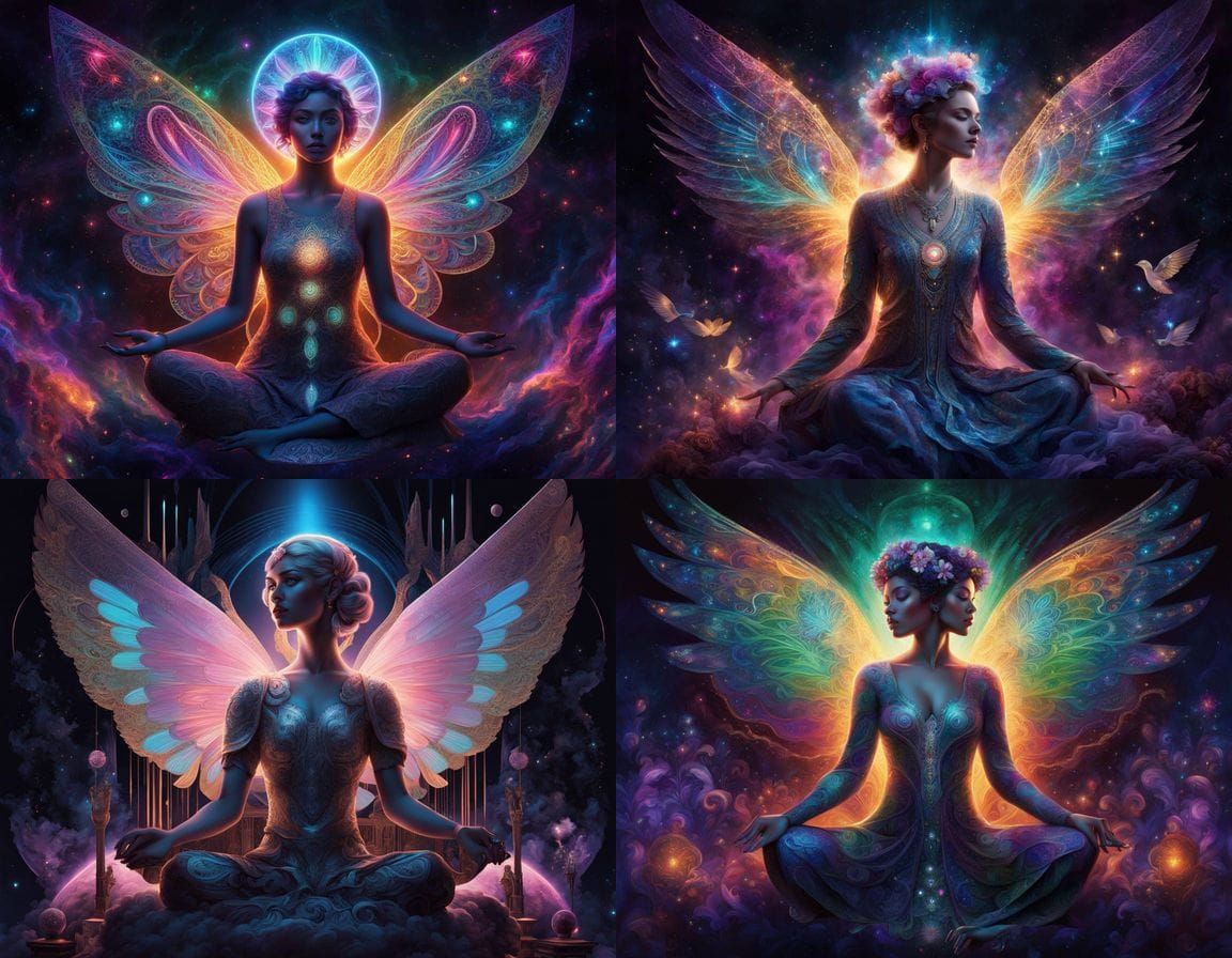 Mystical Goddess Soars with Glowing Floral Wings