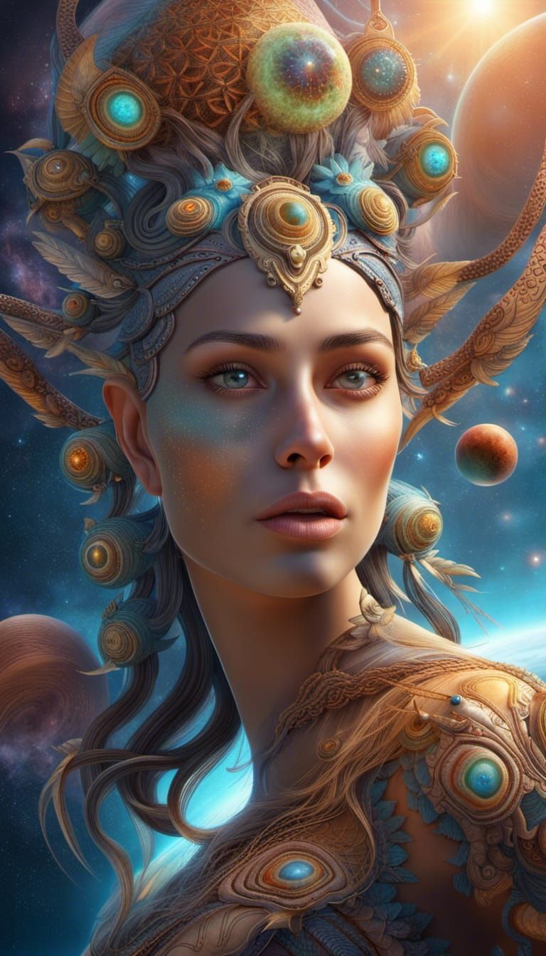 Celestial Goddess Eyes Over Lush Planet: 3D Render