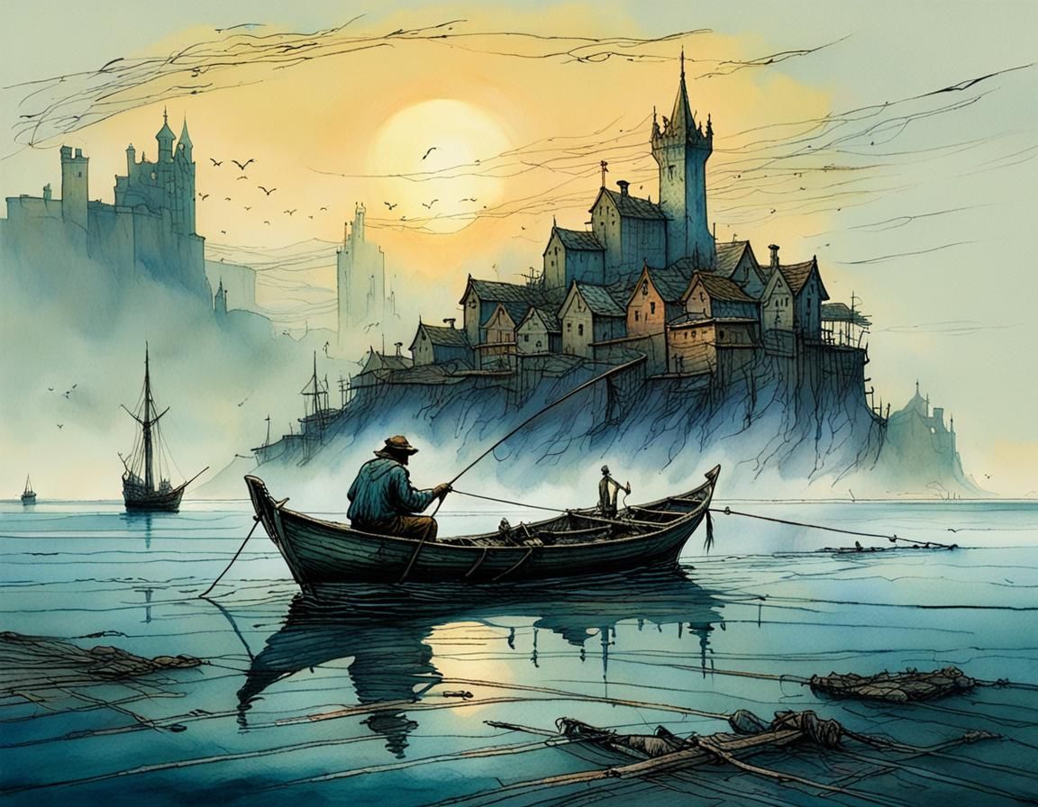 Fisherman at Dawn: Medieval Port Town, Fairytale Art