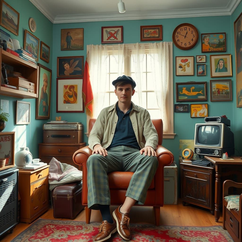Person in Cozy Room with Vintage Items, Expressive Art Style