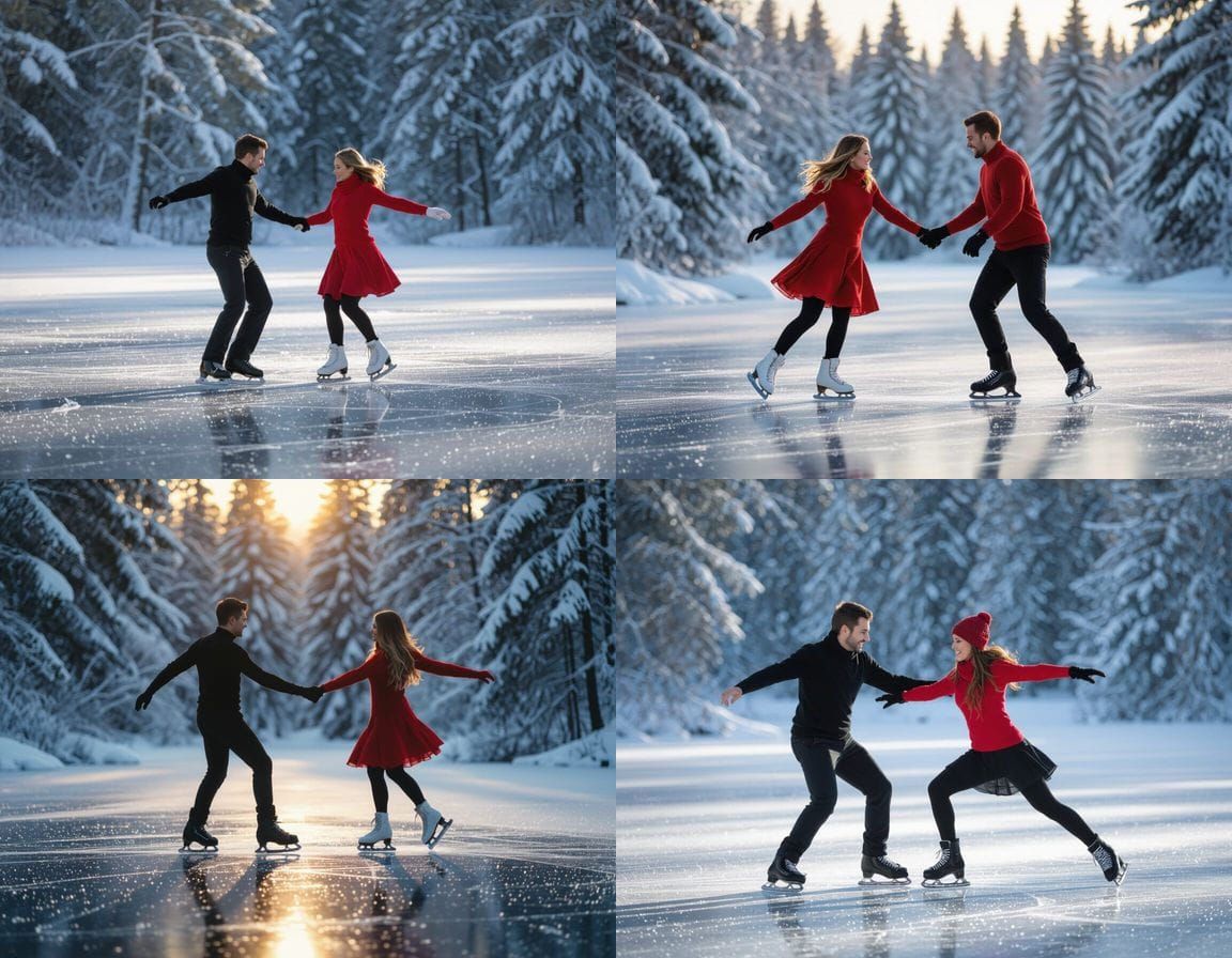 Couple Ice Skating on Mirror Lake, Vivid Colors