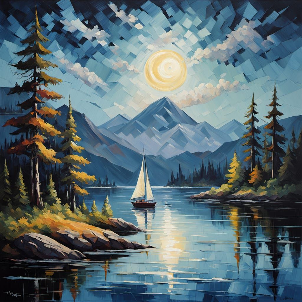 Impressionist Sailboat Under Starry Moonlit Sky