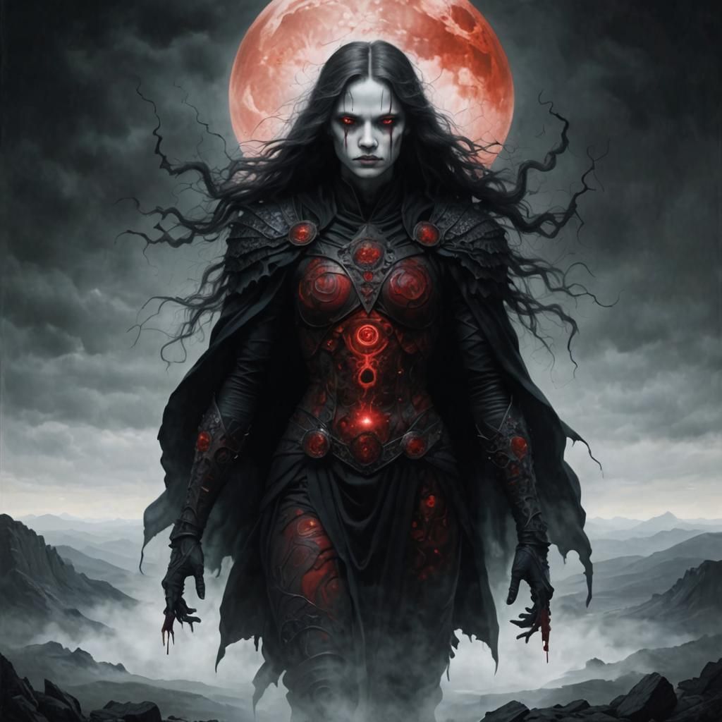 Ethereal Warrior Amidst a Blood Moon Landscape