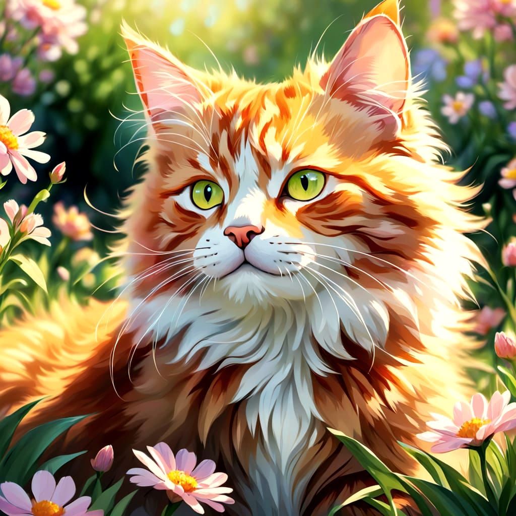 Fluffy Ginger Tabby Cat in Spring Sunlight