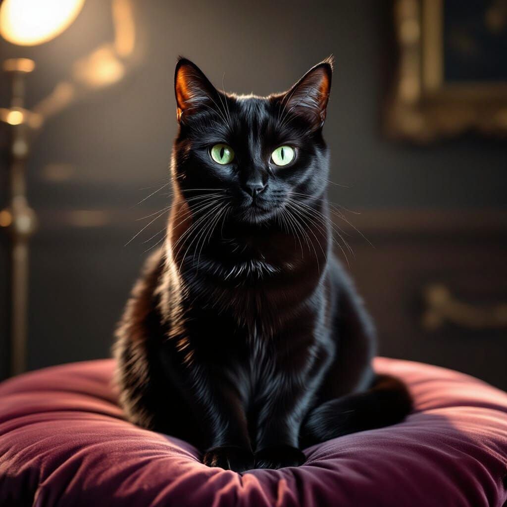 Photorealistic Black Cat Portrait with Green Eyes