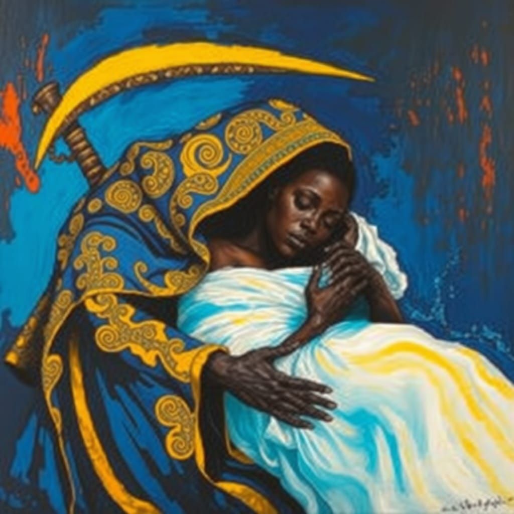 The grim reaper taking the soul from a sleeping woman