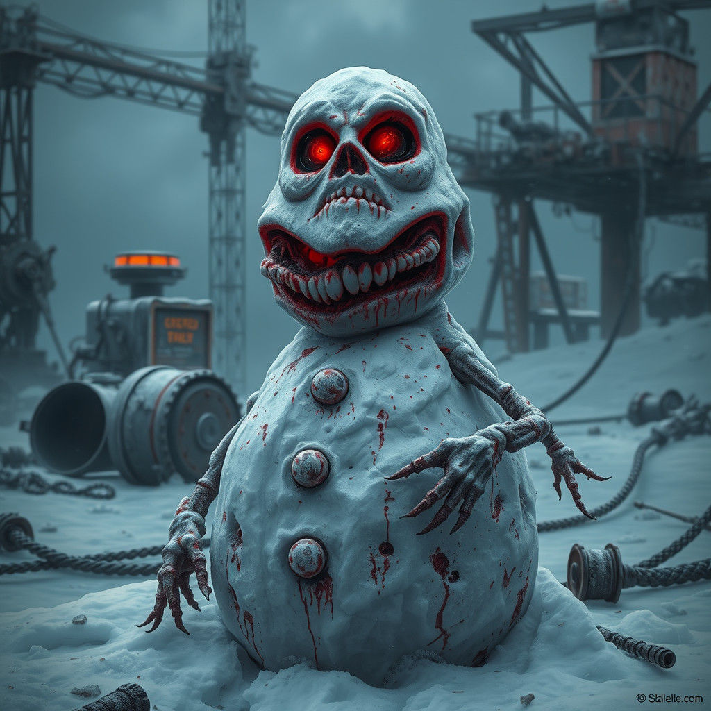 Macabre Snowman in Retro-Futuristic Wasteland