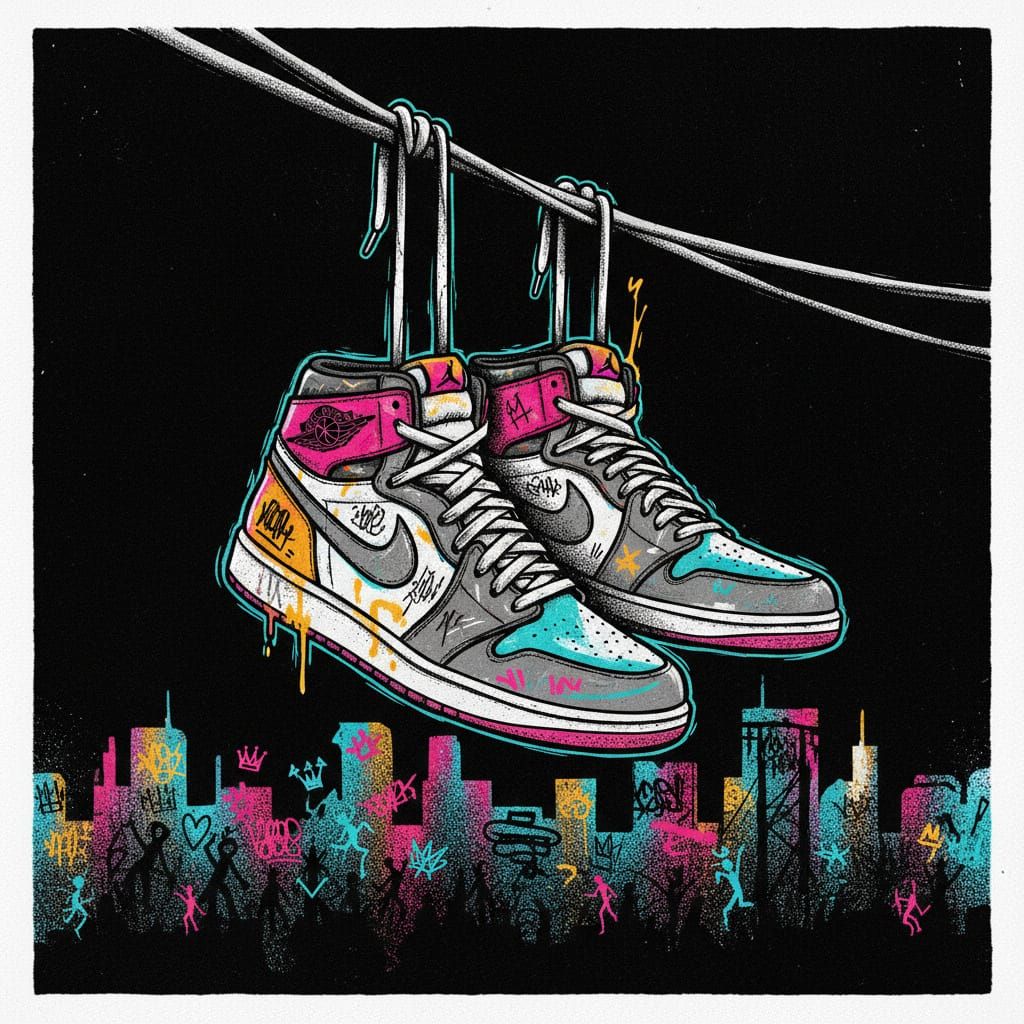 Retro Jordans on Power Line Urban Graffiti Art