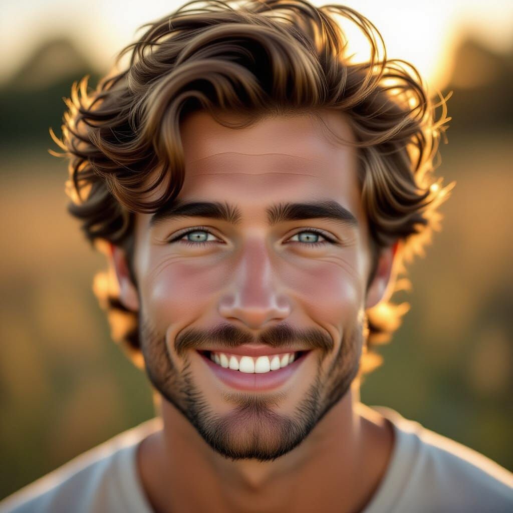 Handsome Young Man With Fluffy Hair and Blue Eyes