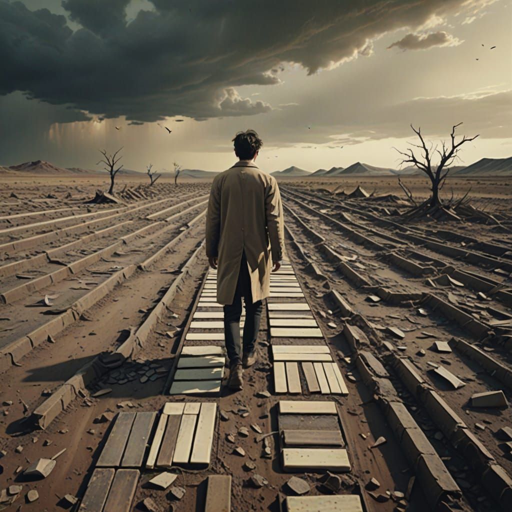 Desolate Landscape with Scattered Piano Keys