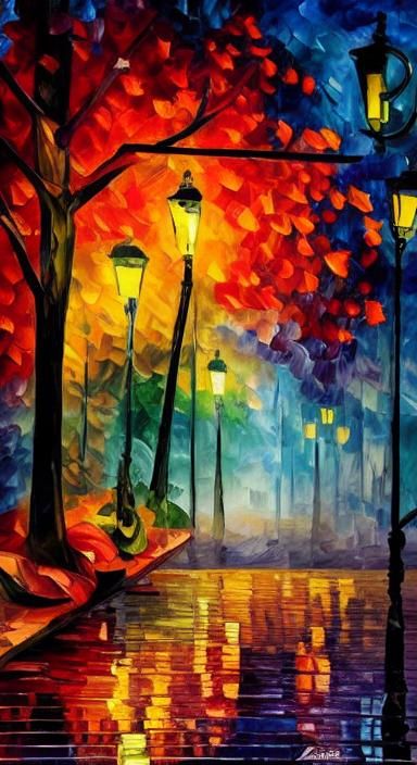 Rainy Autumn Night in Park: Paper Collage Art