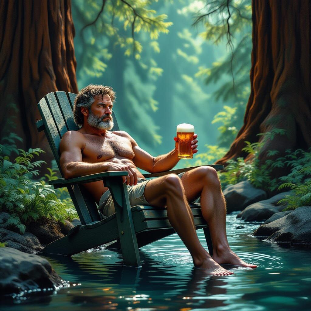 Man Relaxing by Stream in Redwood Forest