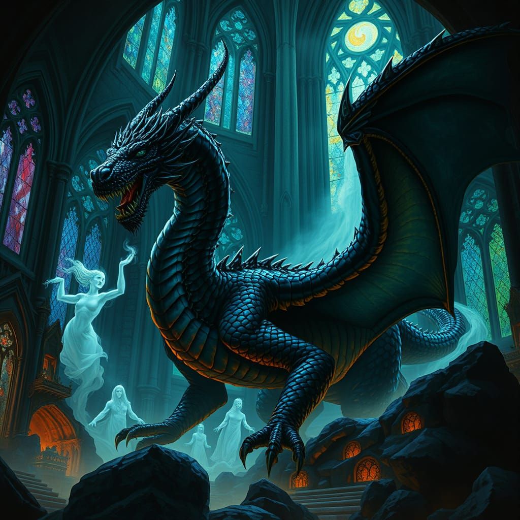 Dragon Guarding Grotto in Gothic Cathedral, Ethereal Light