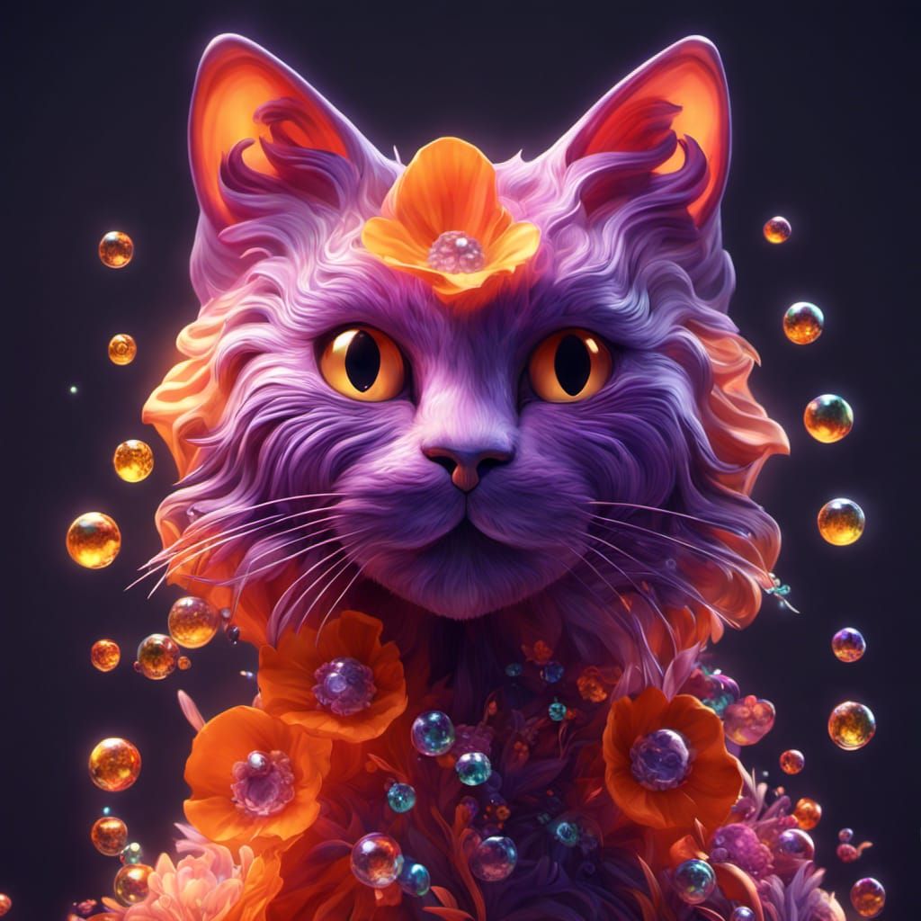 Hyperdetailed Fluffy Cat with Bubbles and Diamonds