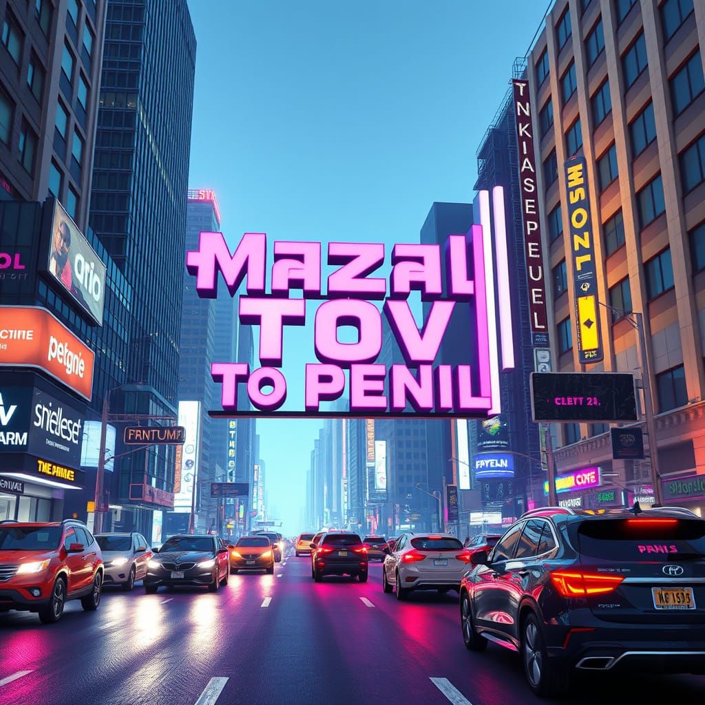 A giant  "Mazal Tov to Penil"  sign in the middle of a busy ...