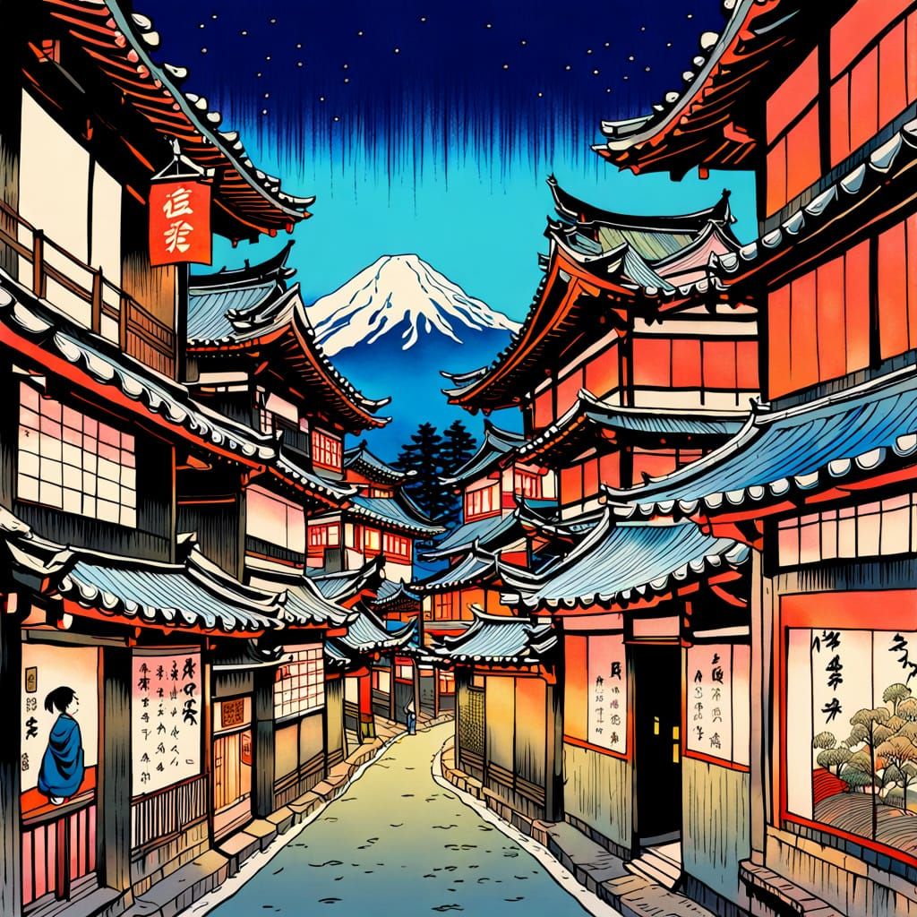 Vibrant Cityscape in Traditional Japanese Fusion Style