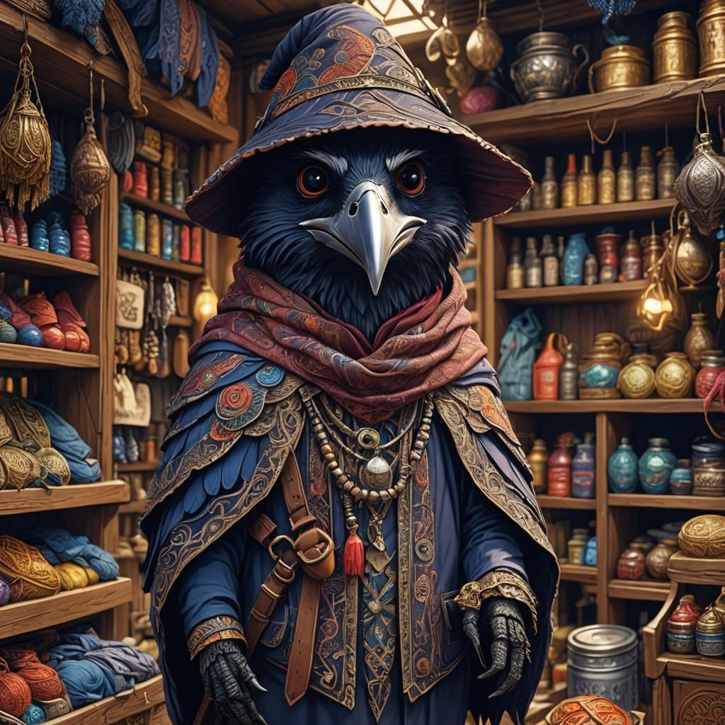 Adorable Kenku Shopkeeper in Cluttered Shop: 3D Illustration