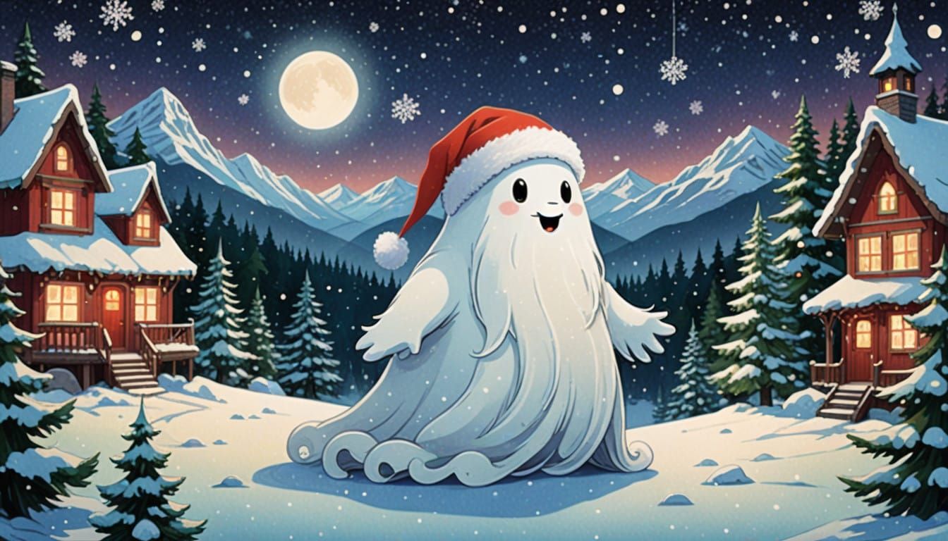 Whimsical Ghost Santa in Snowy Wonderland Illustration
