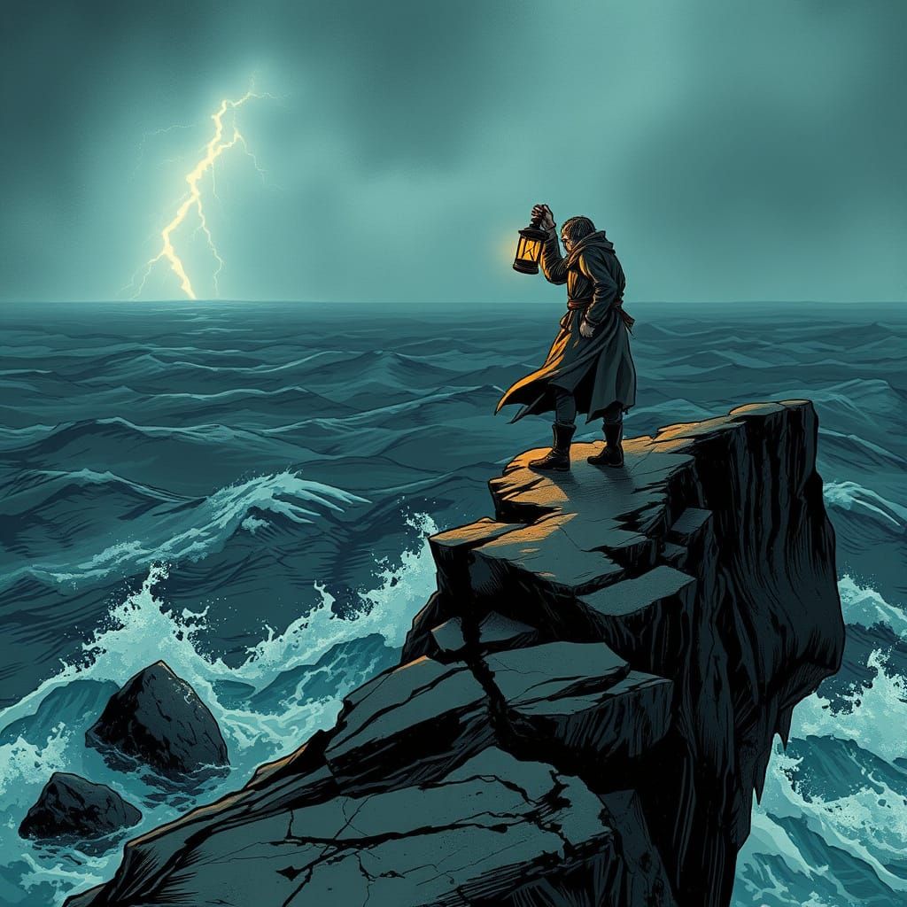 Stormy Cliffside Vigil in Horror Comic Style