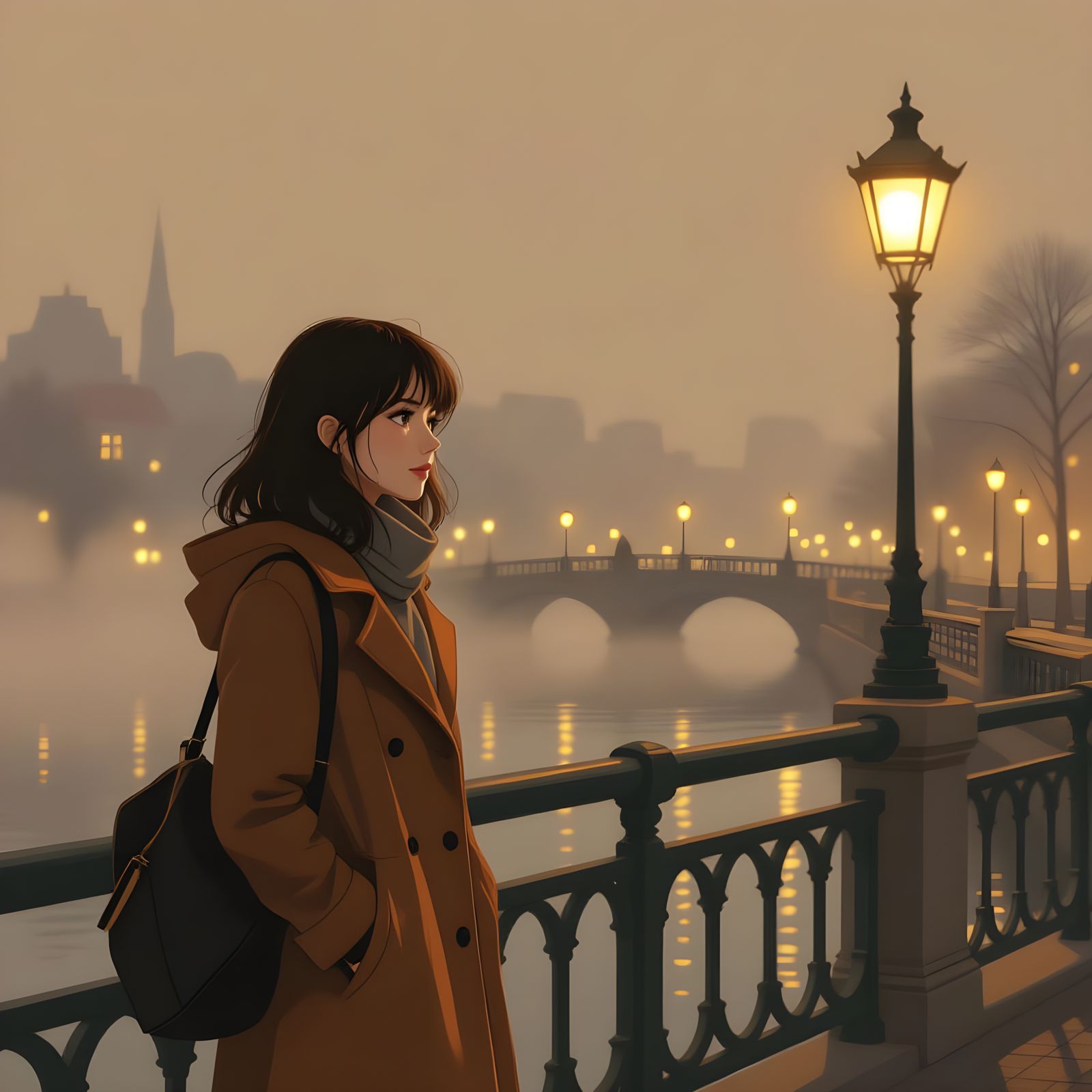 Contemplative Woman on Bridge in Atmospheric Digital Art