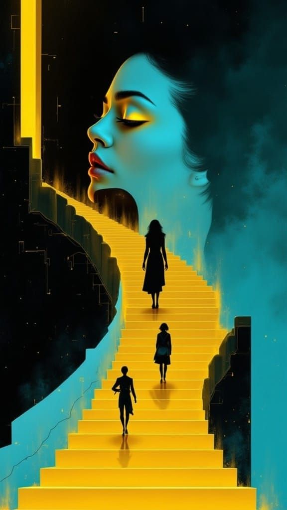 Surreal Staircase Ascension in Pop-Art Style