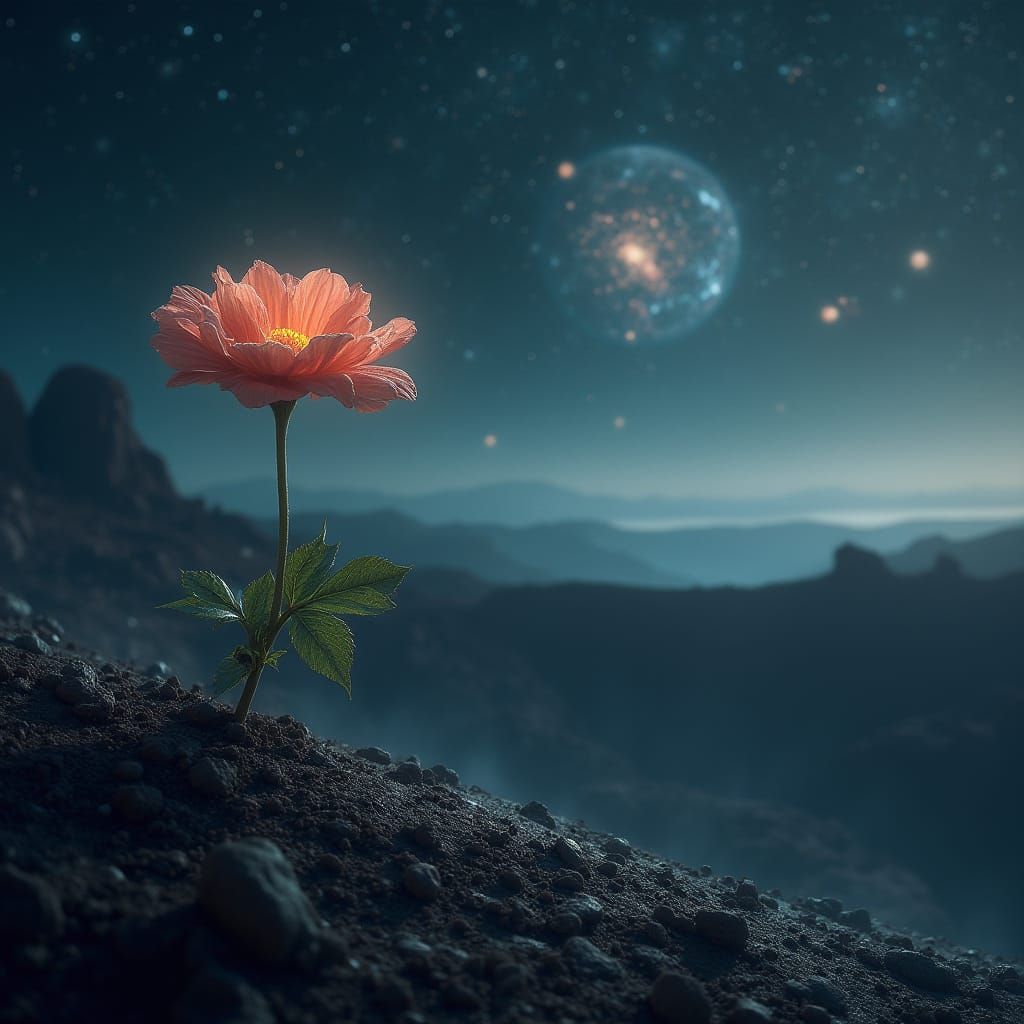 A hyper-realistic depiction of a single, dew-kissed flower