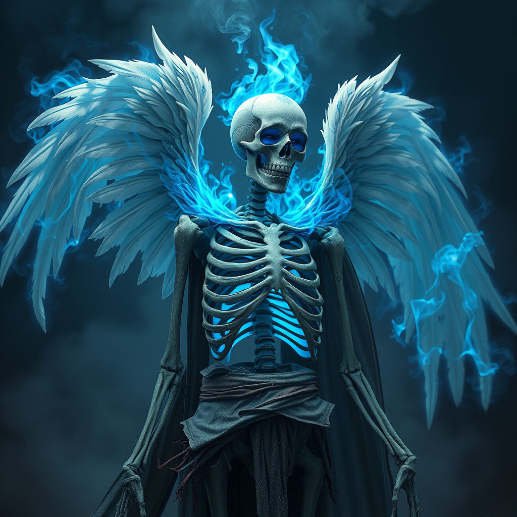 Ghost Skeleton in Blue Flames with Angel Wings