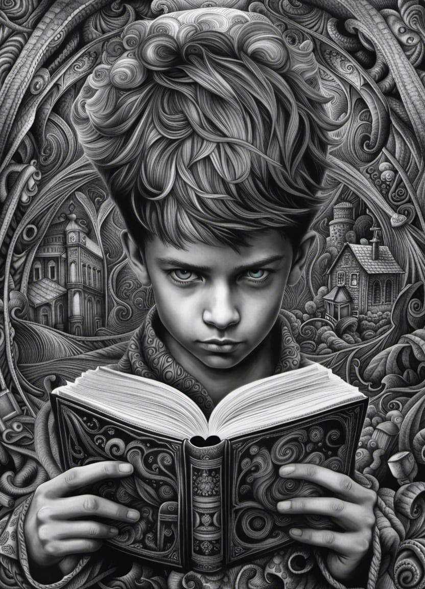 Boy with Book in Diseased Mind: Charcoal Drawing