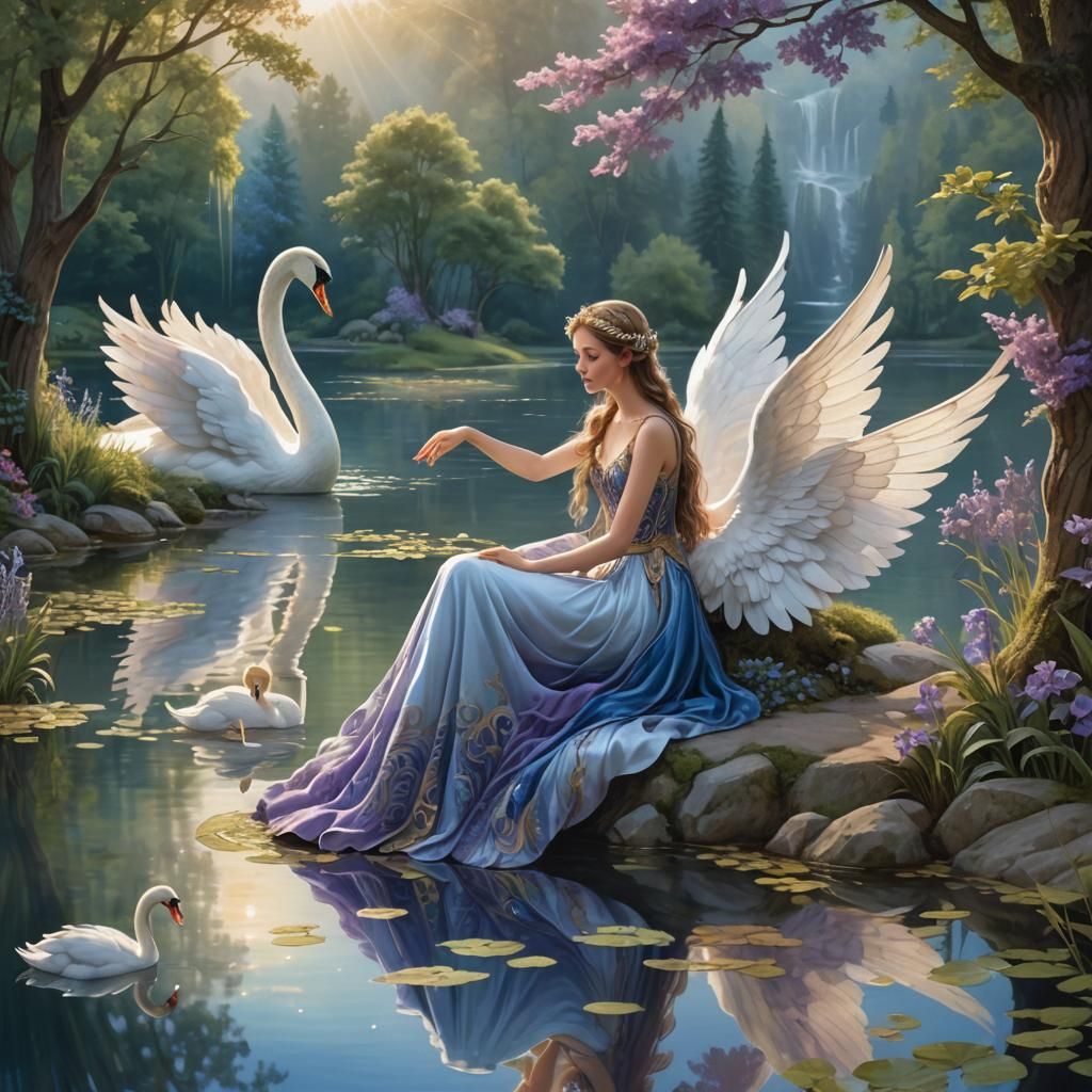 Fairy and Swan by Serene Lake