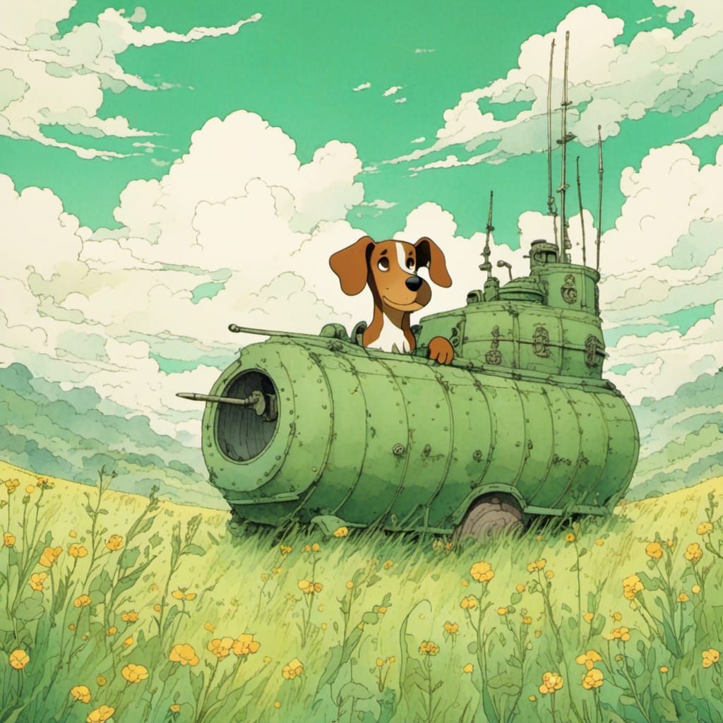 Dachshund in Tiny Tank, Studio Ghibli Watercolor