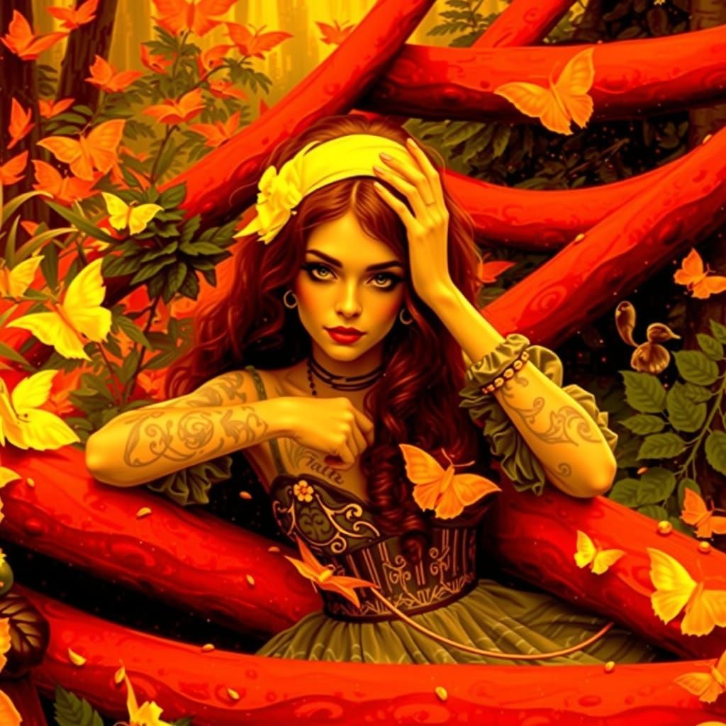 Woman in Luxurious Jugendstil Attire with Intricate Tattoos ...