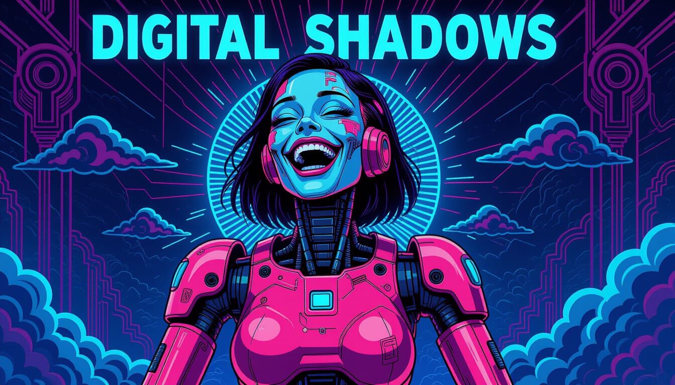 Retrofuturistic Robot Laughing in Neon Dystopia