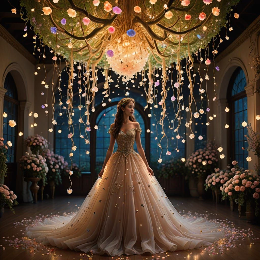 Enchanted Crystal Chandelier with Fairies in Twilight